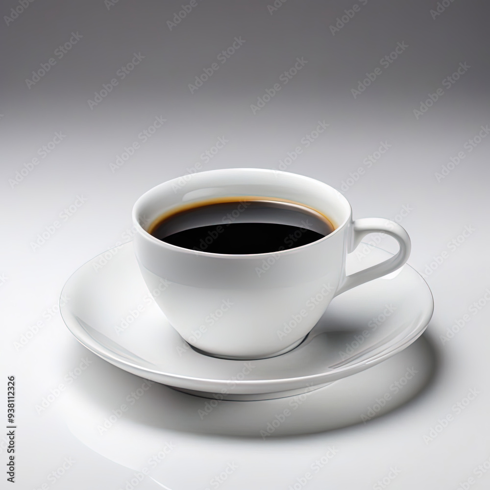 A single cup of coffee, white ceramic, with a saucer on a grey background.