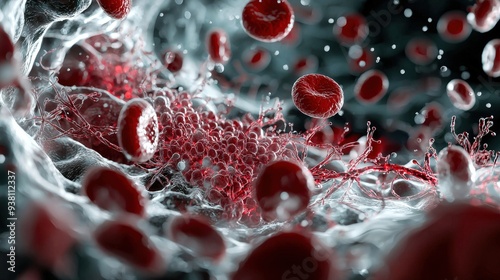 View of the bone marrow under a magnifying glass, revealing growing blood cells and stem cells