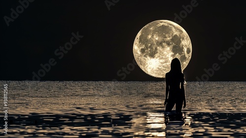 Back view of carefree young woman with her hair streamed running into sea splashing blue water. full moon above head. night scene.