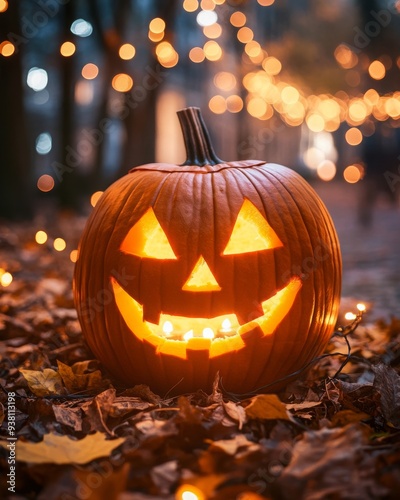 A carved Halloween pumpkin glowing warmly amidst festive string lights and autumn leaves, creating a spooky yet cheerful atmosphere
