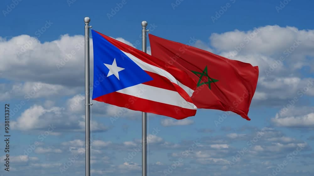 Morocco and Puerto Rico flags flying together, video concept of the relationship, two country relations concept Morocco and Puerto Rico flags flying together, video concept of the relationship, two country relations concept