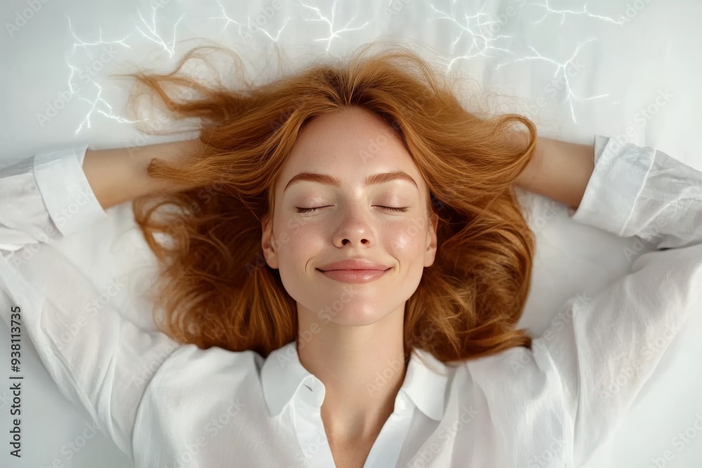 Serene Woman Resting with Digital Light Patterns Highlighting the Intersection of Comfort and Technology in a Modern Context Serene Woman Resting with Digital Light Patterns Highlighting the Intersection of Comfort and Technology in a Modern Context