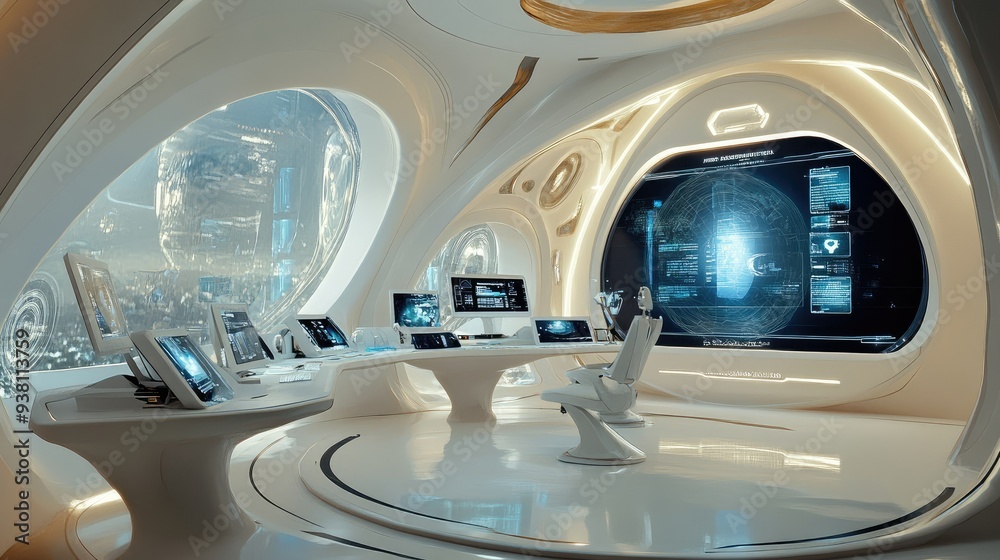 Futuristic study area with interactive screens Futuristic study area with interactive screens