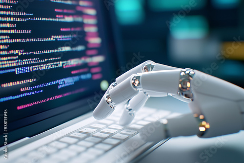 Close-up of a white robotic hand typing on a keyboard, with a computer screen displaying code in the background photo