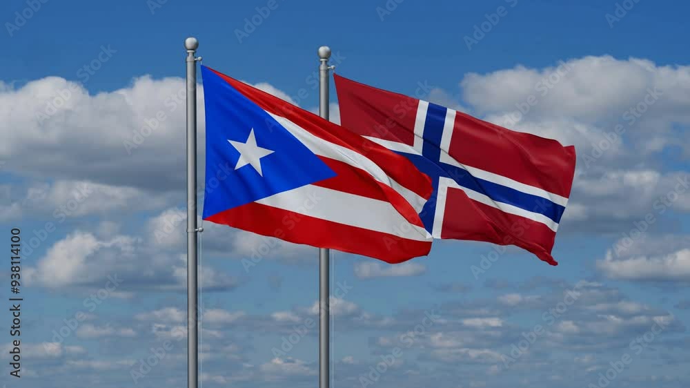 Norway and Puerto Rico flags flying together, video concept of the relationship, two country relations concept Norway and Puerto Rico flags flying together, video concept of the relationship, two country relations concept