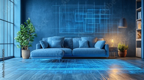 A room setup where a designer is using a 3D holographic projection to simulate different decorative elements and furniture combinations providing a comprehensive preview of potential designs Stock