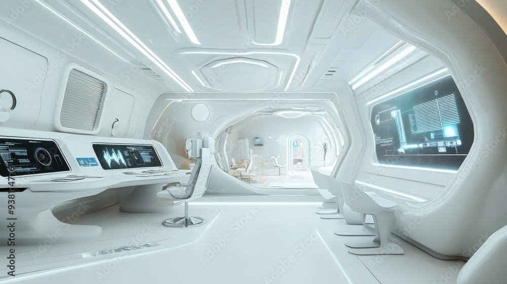 Futuristic study area with interactive screens Futuristic study area with interactive screens