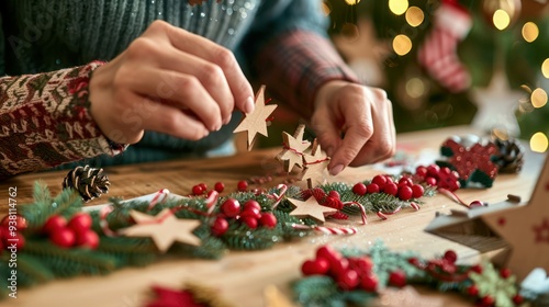 Close-up of hands arranging holiday border elements on a craft project.