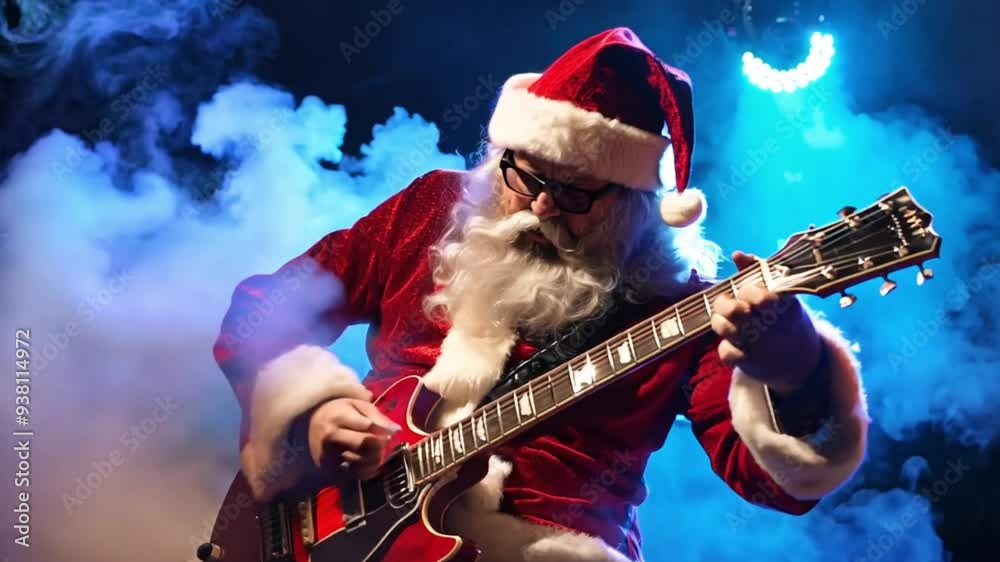 Santa Claus playing an electric guitar in a recording studio, music concept. Band performing live on stage in nightclub. Christmas festival, concert, show.	