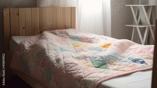 A brightly colored patchwork quilt on a child's bed. photo