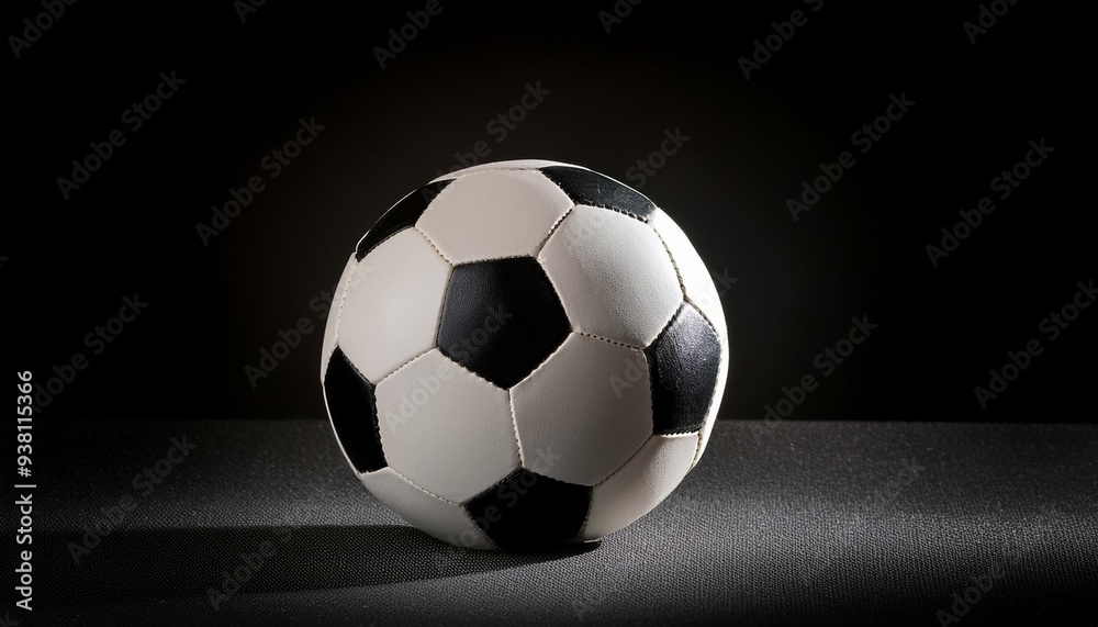 Fototapeta premium A black and white soccer ball sits on a black background