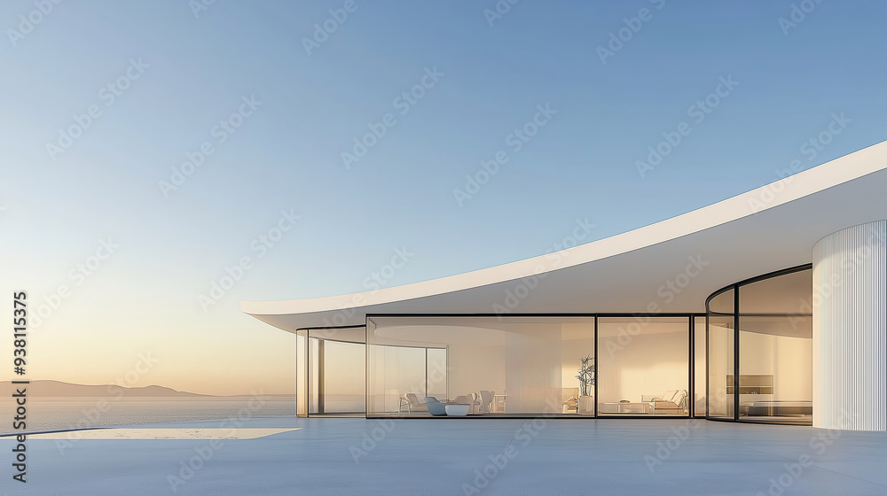 White luxury modern villa with beautiful sea view, minimalist curve line design, scene for car presentation White luxury modern villa with beautiful sea view, minimalist curve line design, scene for car presentation