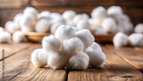 A shallow focus shot of a handful of soft and fluffy white cotton balls on a smooth wooden table against a blurred background.