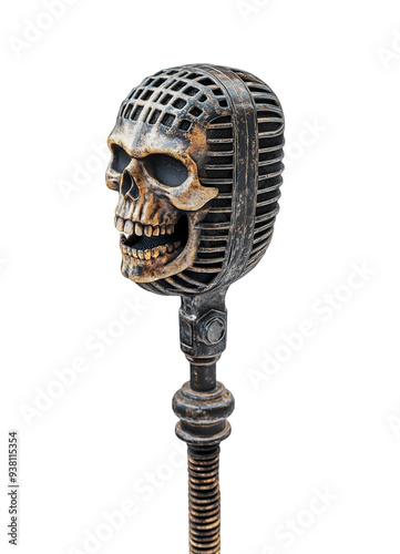 A vintage microphone with a skull-shaped head is isolated on a transparent background.