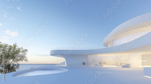 White luxury modern villa with beautiful sea view, minimalist curve line design, scene for car presentation