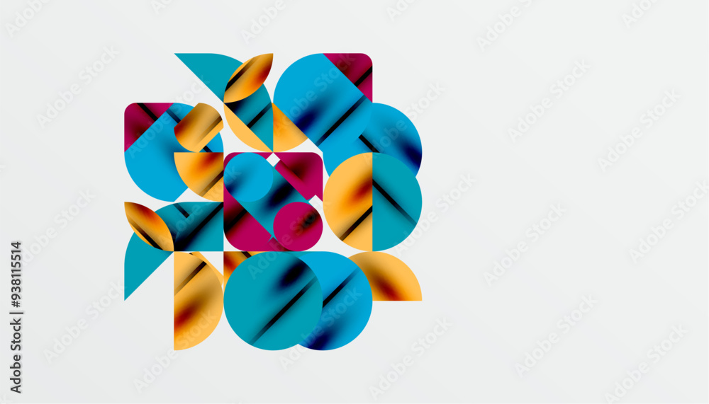 Color beautiful circles, semi circles, squares and round triangles. Geometric mosaic style pattern abstract background for wallpaper, banner, backdrop, card, book Illustration, landing page Color beautiful circles, semi circles, squares and round triangles. Geometric mosaic style pattern abstract background for wallpaper, banner, backdrop, card, book Illustration, landing page