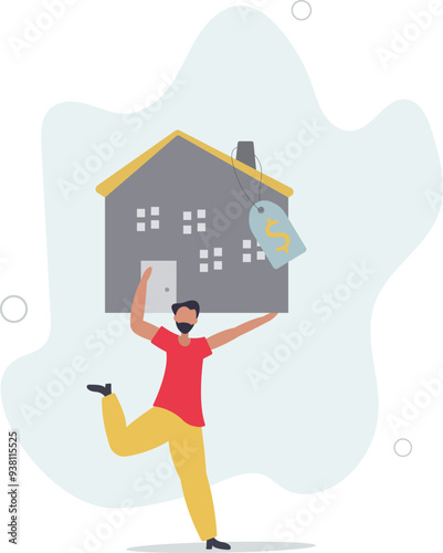 Overpay in real estate and house mortgage, too much invest or expense to pay for debt and loan in economic crisis concept.flat design with people.