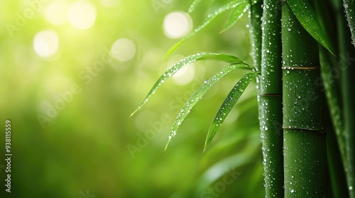 Serene Bamboo Grove with Dew Drops and Gentle Green Bokeh