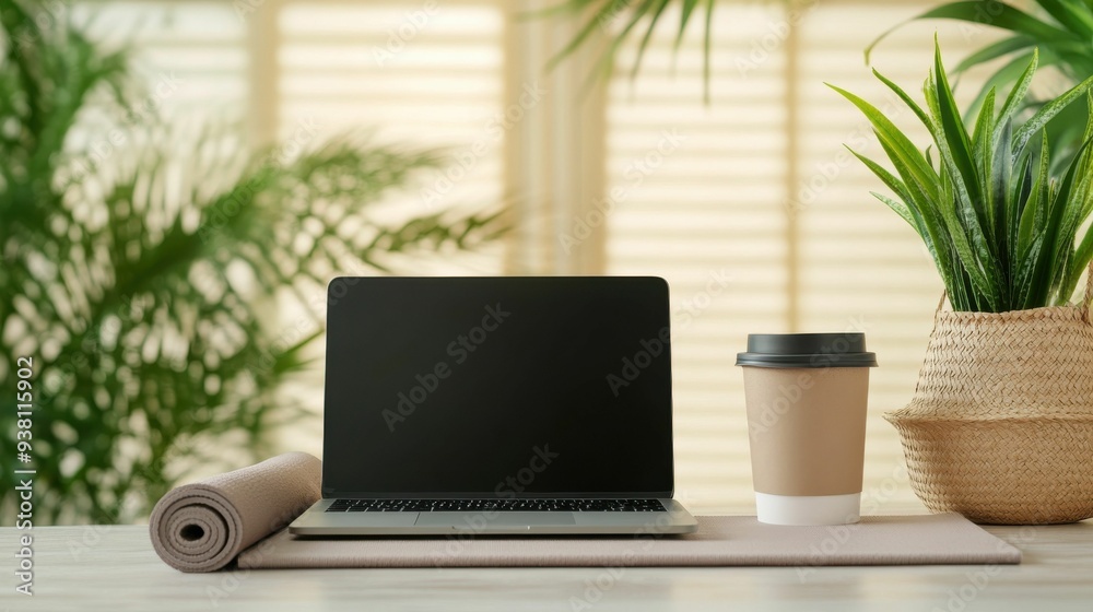 A laptop is on a yoga mat on a table with a cup of coffee next to it A laptop is on a yoga mat on a table with a cup of coffee next to it