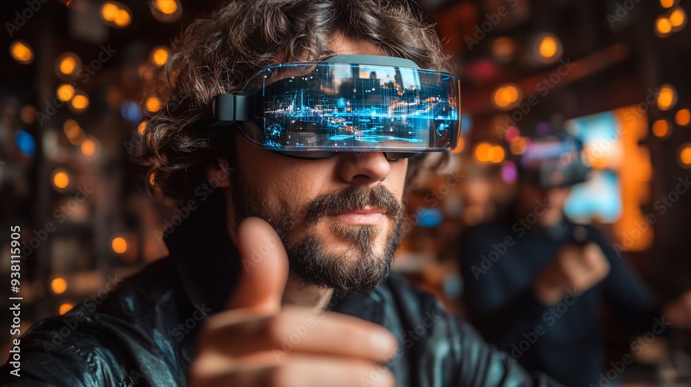 A designer in a futuristic workspace using a 3D holographic interface to create and modify interior layouts with colleagues working on other projects in the background Stock Photo with copy space A designer in a futuristic workspace using a 3D holographic interface to create and modify interior layouts with colleagues working on other projects in the background Stock Photo with copy space