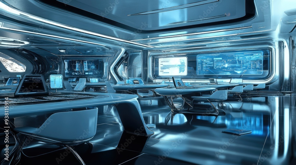 Futuristic study area with interactive screens Futuristic study area with interactive screens