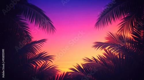 Vibrant Sunset Over Palm Leaves with Deep Orange and Purple Hues