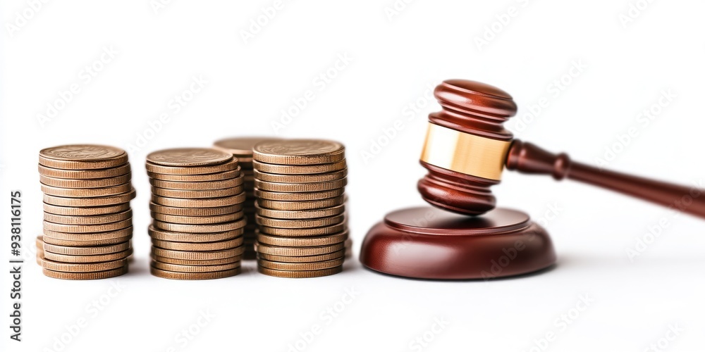 Court Gavel and Coin Piles Indicating Financial Records Court Gavel and Coin Piles Indicating Financial Records
