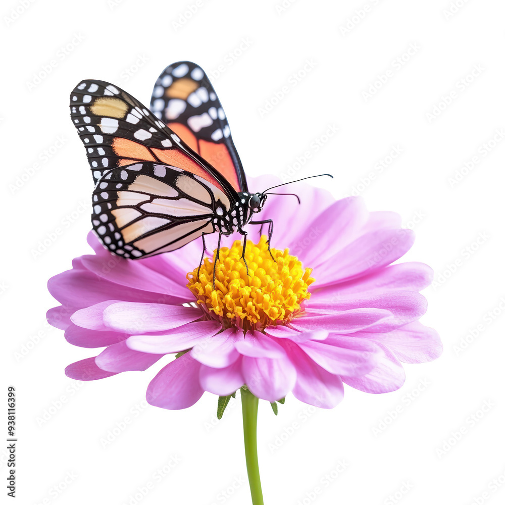 A vibrant butterfly perched on a delicate pink flower, showcasing the beauty of nature in a serene setting. A vibrant butterfly perched on a delicate pink flower, showcasing the beauty of nature in a serene setting.