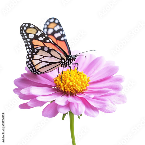 A vibrant butterfly perched on a delicate pink flower, showcasing the beauty of nature in a serene setting.