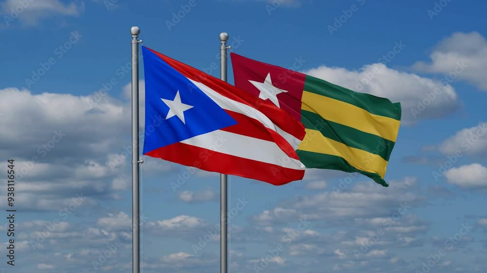 Togo, Togolese Republic and Puerto Rico flags flying together, video concept of the relationship, two country cooperation concept Togo, Togolese Republic and Puerto Rico flags flying together, video concept of the relationship, two country cooperation concept