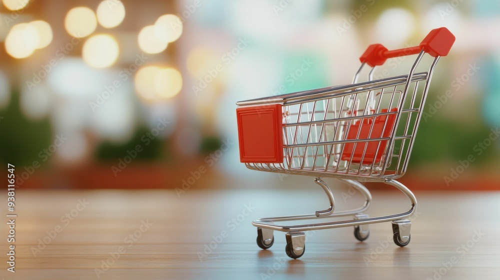A small shopping cart is sitting on a wooden table A small shopping cart is sitting on a wooden table