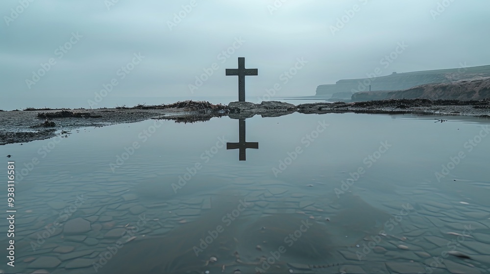 A solitary cross stands by a reflective pool on a misty coastline, with distant cliffs fading into the fog, creating a somber and introspective atmosphere. A solitary cross stands by a reflective pool on a misty coastline, with distant cliffs fading into the fog, creating a somber and introspective atmosphere.