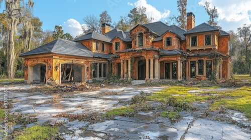 Florida storm damages home in affluent neighborhood. Concept Florida, Storm, Damages, Home, Affluent Neighborhood