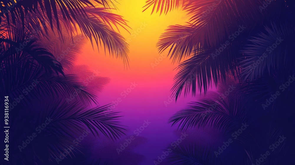 Fototapeta premium Intricate Palm Leaf Patterns Against a Sunset Gradient