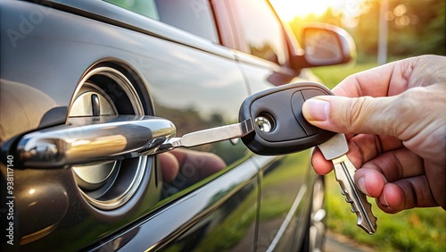 A shiny silver key slides into the ignition of a sleek, black car, ready to start the engine and hit the open road. photo