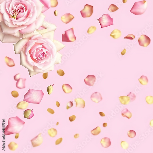 Rose petals falling on pink background 