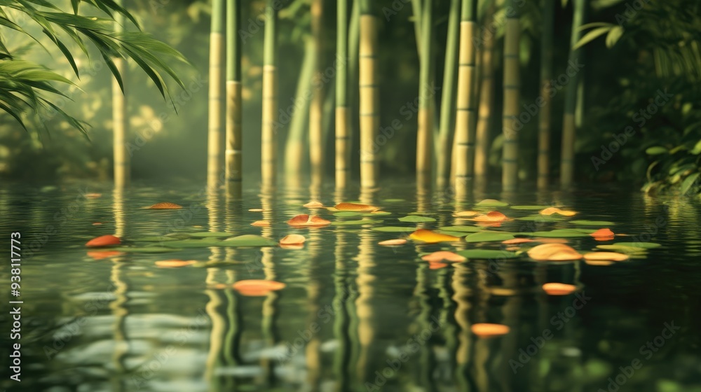 Bamboo Stalks Dancing on Reflective Pond Surface Bamboo Stalks Dancing on Reflective Pond Surface