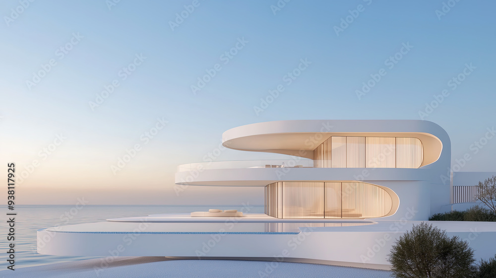 White luxury modern villa with beautiful sea view, minimalist curve line design, scene for car presentation White luxury modern villa with beautiful sea view, minimalist curve line design, scene for car presentation