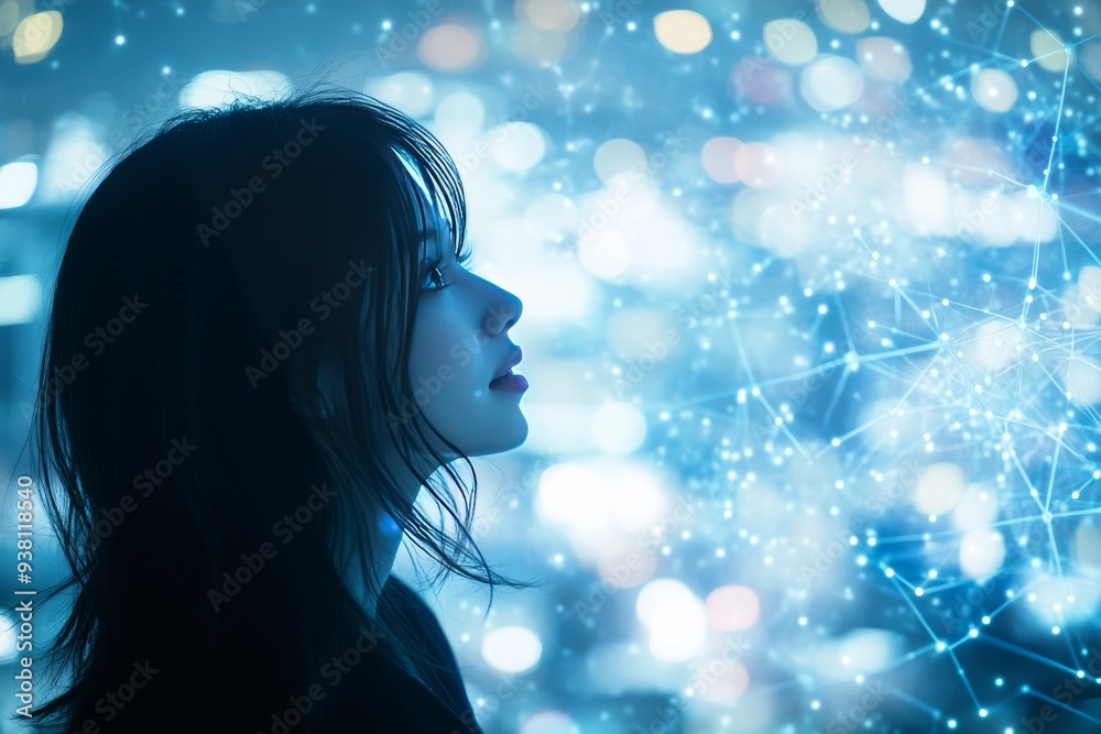 Reflective Woman Facing the Glow of a Digital Light Network Depicting a Fusion of Technology and Human Thought in a Futuristic Contemplative Scene Reflective Woman Facing the Glow of a Digital Light Network Depicting a Fusion of Technology and Human Thought in a Futuristic Contemplative Scene