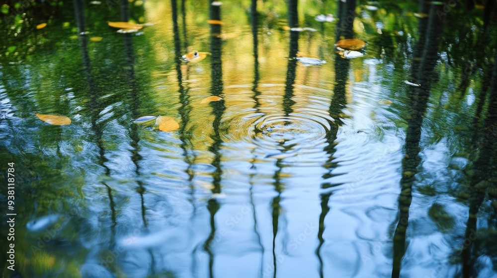 Tranquil Pond with Bamboo Reflection and Ripples Tranquil Pond with Bamboo Reflection and Ripples