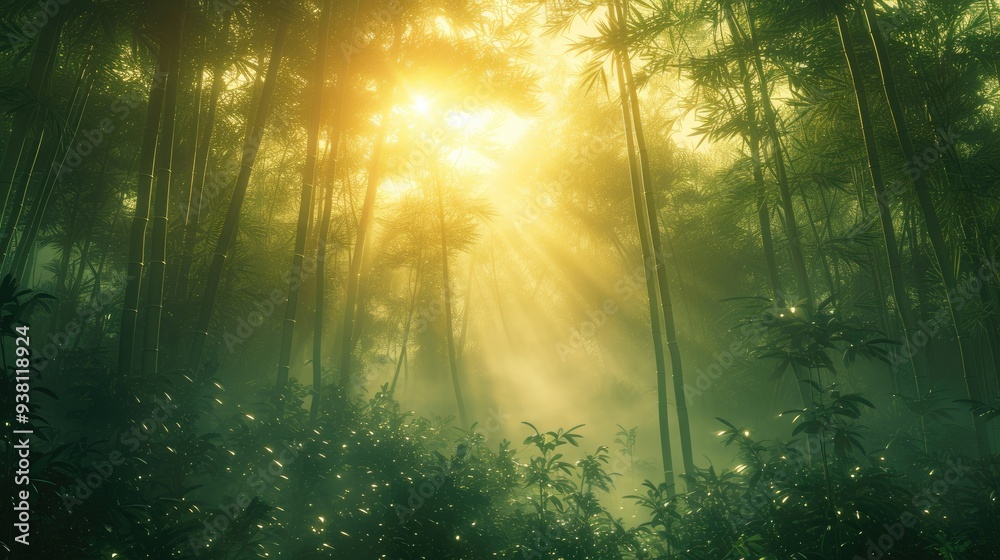 Ethereal Bamboo Forest Bathed in Sunrise Light Ethereal Bamboo Forest Bathed in Sunrise Light