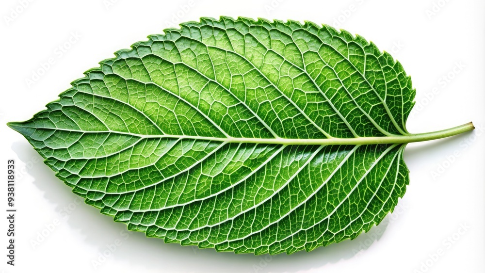 A single, large, emerald-green leaf with intricate veins and wavy edges is isolated on a pure white background, showcasing its natural beauty and delicate texture. A single, large, emerald-green leaf with intricate veins and wavy edges is isolated on a pure white background, showcasing its natural beauty and delicate texture.