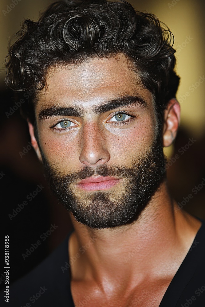 Handsome Man With Dark Hair and Light Eyes Posing Indoors at Night Handsome Man With Dark Hair and Light Eyes Posing Indoors at Night