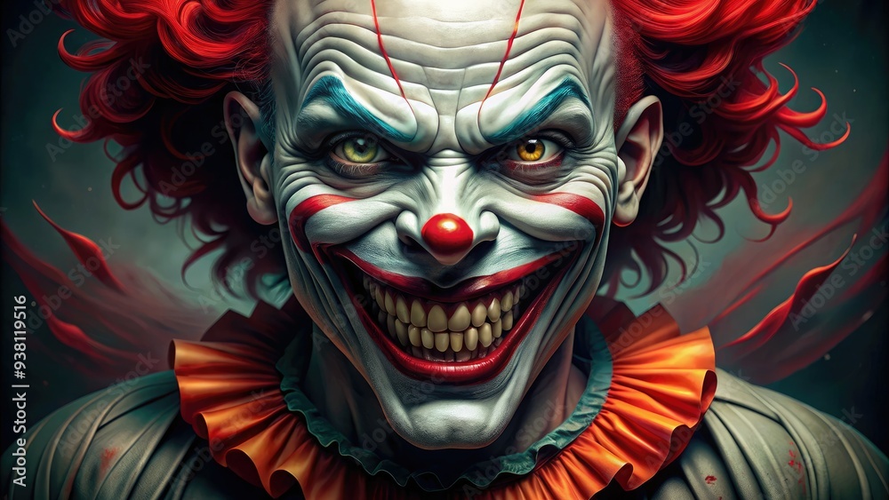 A sinister clown-like figure with a menacing grin, bright red lips curled upwards, and a wide, toothy smile that hints at deceit and mischief. A sinister clown-like figure with a menacing grin, bright red lips curled upwards, and a wide, toothy smile that hints at deceit and mischief.