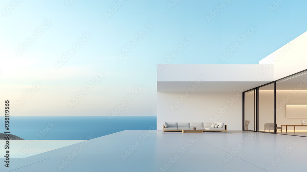 White luxury modern villa with beautiful sea view, minimalist geometric design, scene for car presentation White luxury modern villa with beautiful sea view, minimalist geometric design, scene for car presentation