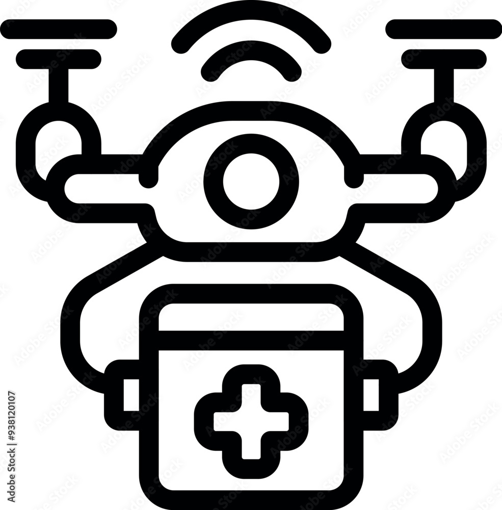 Drone carrying a first aid kit, representing the use of technology in healthcare and emergency response Drone carrying a first aid kit, representing the use of technology in healthcare and emergency response