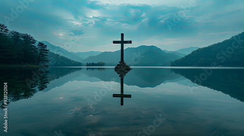 A cross stands amidst a reflective lake flanked by distant mountains under a peaceful, serene sky, conveying a sense of solitary reflection, beauty, and spiritual tranquility.