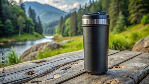 A sleek black insulated travel mug with a secure screw-top lid sits on a rugged outdoor surface, ready for adventure on-the-go.