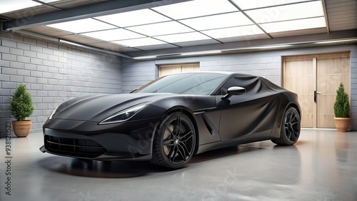 A sleek black sports car protected by a custom-fit cover, parked in a clean and organized garage with a subtle grey and white background.