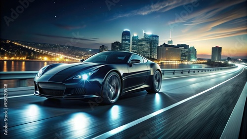 A sleek, black sports car speeds down a deserted highway at night, its headlights illuminating the dark road ahead, with city lights twinkling in the distance. photo